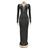 Fashion Women's Solid Color Beaded Long Sleeve Slit Maxi Dress