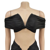 Fashion Women's Solid Color Sexy Off Shoulder Crop Top Pleated Skirt Two Piece Set