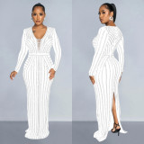 Fashion Women's Solid Color Beaded Long Sleeve Slit Maxi Dress
