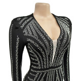 Fashion Women's Solid Color Beaded Long Sleeve Slit Maxi Dress
