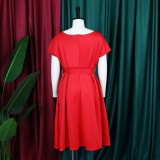 Summer V-Neck Solid Color Slim Waist Bow Lace-Up A-Line Dress