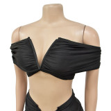 Fashion Women's Solid Color Sexy Off Shoulder Crop Top Pleated Skirt Two Piece Set