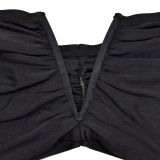 Fashion Women's Solid Color Sexy Off Shoulder Crop Top Pleated Skirt Two Piece Set