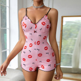 Heart Printed Sexy Straps Jumpsuit Women's Home Clothes