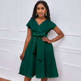 Summer V-Neck Solid Color Slim Waist Bow Lace-Up A-Line Dress