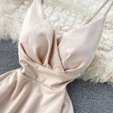 Spring Feminine V-Neck Low Back Slim Waist High Waist Slim Fit Solid Color Straps Basic A-Line Dress