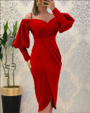 Women suspender balloon sleeves Irregular Maxi dress