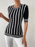 Women Striped Short Sleeve Casual knitting Top