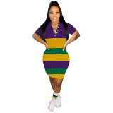 Women Career Printed Shirt Collar Short Sleeve Dress