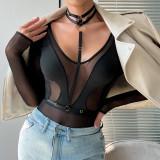 Women mesh long-sleeved hollow See-Through Patchwork Halter Neck V-neck Bodysuit