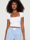 Women Solid Short Sleeve Summer Square Neck Casual T-Shirt