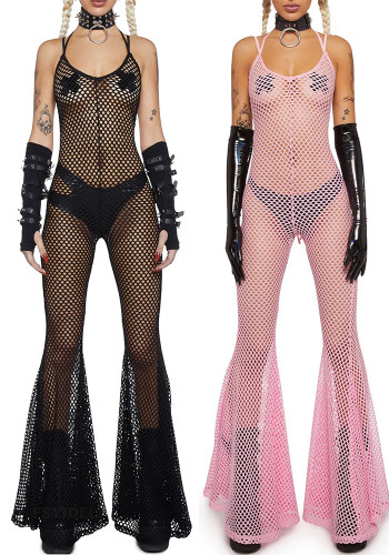 Women Sexy Backless Lace Up Bell Bottom Jumpsuit