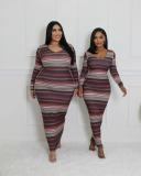 Women Ribbed Printed Stripe Round Neck Long Sleeve Dress