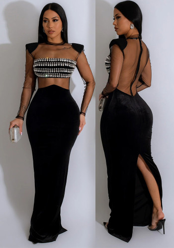 Women Solid mesh Beaded long sleeve dress