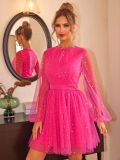 Women Star Print Lantern Sleeve Mesh Layered Dress