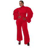 Sexy Pleated Balloon Sleeves Slim Waist Wide-Leg Jumpsuit