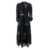 Muslim Solid Color Embroidered Fashionable And Elegant Dress With Belt