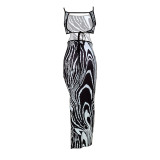 Women Casual Printed Sexy Backless Hollow Slit Strap Dress