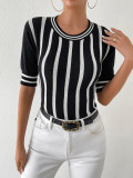 Women Striped Short Sleeve Casual knitting Top