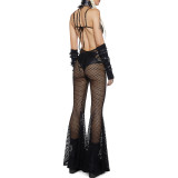 Women Sexy Backless Lace Up Bell Bottom Jumpsuit