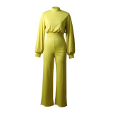 Spring And Winter Long Sleeve Stand Collar Fashion Casual Wide Leg Jumpsuit