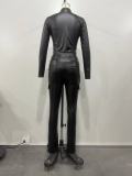 Women Solid Stretch PU-Leather Zipper Top and Pant Two-piece Set