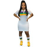 Women Career Printed Shirt Collar Short Sleeve Dress