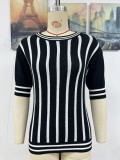 Women Striped Short Sleeve Casual knitting Top