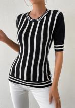 Women Striped Short Sleeve Casual knitting Top