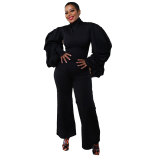 Sexy Pleated Balloon Sleeves Slim Waist Wide-Leg Jumpsuit