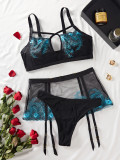 Women See-Through Embroidered Mesh Sexy Hollow Sexy Lingerie Three-Piece