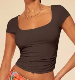 Women Solid Short Sleeve Summer Square Neck Casual T-Shirt