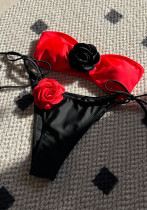 Color Block Rose Strapless Lace-Up Two Pieces Bikini Swimsuit