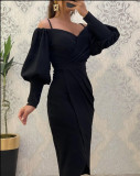 Women suspender balloon sleeves Irregular Maxi dress
