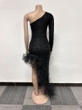 Women sexy sequined one-shoulder mesh irregular dress