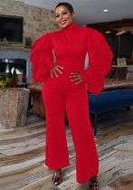 Sexy Pleated Balloon Sleeves Slim Waist Wide-Leg Jumpsuit Sexy Pleated Balloon Sleeves Slim Waist Wide-Leg Jumpsuit