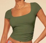 Women Solid Short Sleeve Summer Square Neck Casual T-Shirt