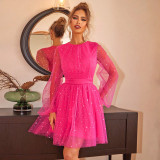 Women Star Print Lantern Sleeve Mesh Layered Dress