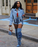Women Drilled Shirt Collar Long Sleeve Denim Jacket