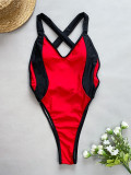 Sexy Colorblock Back Cross Straps One-Piece Women's Swimsuit