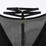 Women mesh long-sleeved hollow See-Through Patchwork Halter Neck V-neck Bodysuit