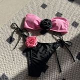 Color Block Rose Strapless Lace-Up Two Pieces Bikini Swimsuit