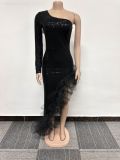 Women sexy sequined one-shoulder mesh irregular dress