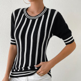 Women Striped Short Sleeve Casual knitting Top