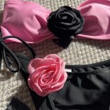 Color Block Rose Strapless Lace-Up Two Pieces Bikini Swimsuit