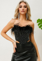 Women Herringbone Beaded Feather Bra Vest Crop Top