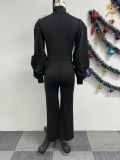 Sexy Pleated Balloon Sleeves Slim Waist Wide-Leg Jumpsuit