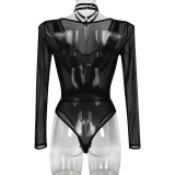 Women mesh long-sleeved hollow See-Through Patchwork Halter Neck V-neck Bodysuit