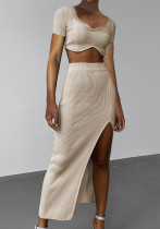 Women's Summer Short-Sleeved Ribbed Crop Top Slit Skirt Sexy Two-Piece Set