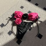 Color Block Rose Strapless Lace-Up Two Pieces Bikini Swimsuit